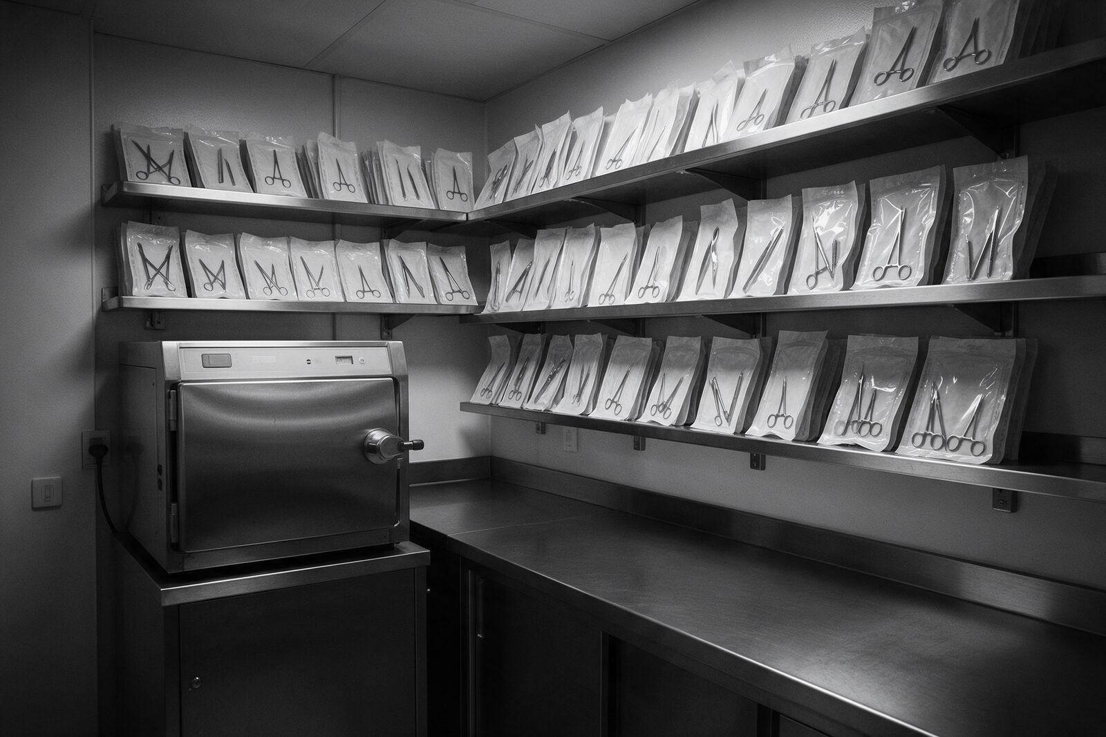 Sterilizasyon odası: otoklav ve raflarda paketlenmiş cerrahi aletler